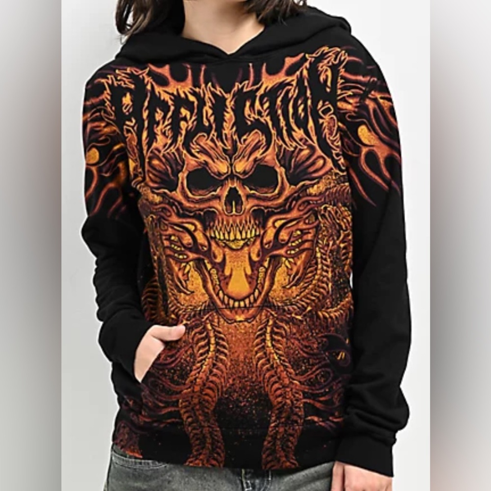 Affliction Black & Orange Skull Hoodie Size Small NWT